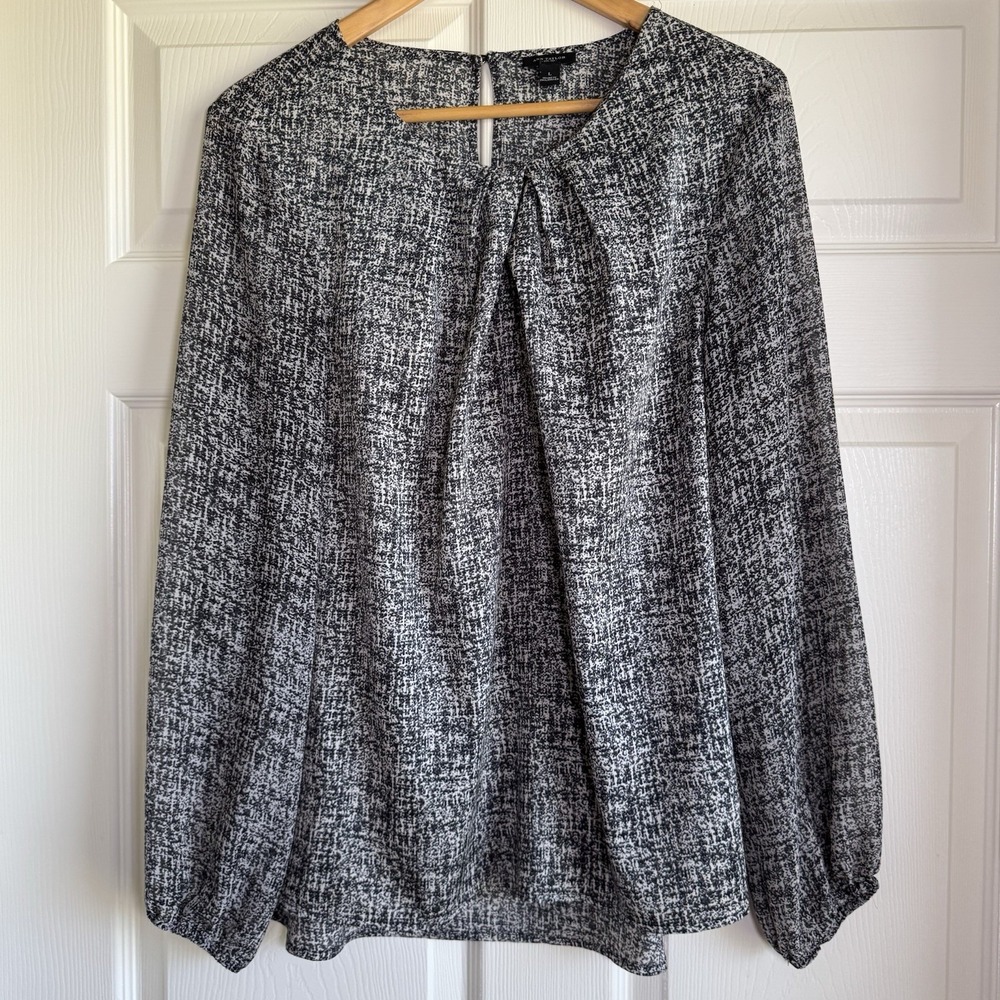 Ann Taylor Size L Women's‎ Front Pleat Black/White Long Sleeve Blouse